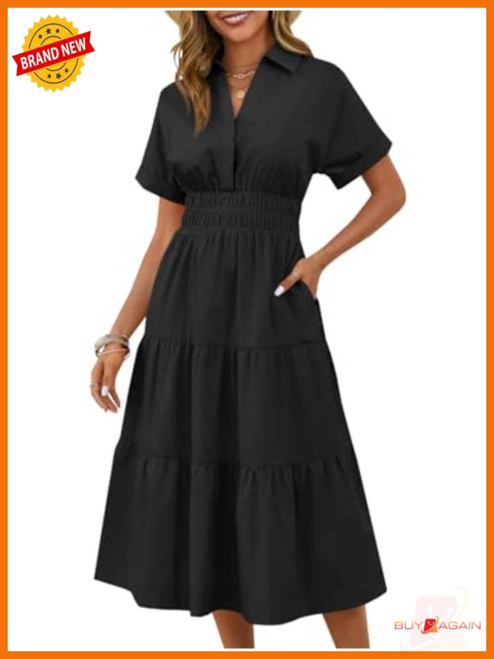 Wenrine Women's Short Sleeve V Neck Smocked Waist Maxi Dress with Pockets